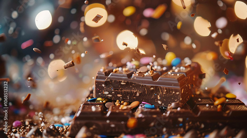 A close-up image of a chocolate bar, with colorful sprinkles and chocolate chips scattered around it. photo