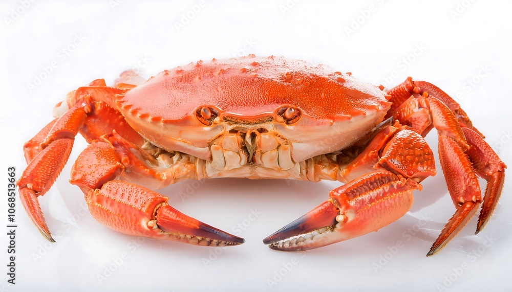 A large cooked crab with a reddish-orange shell is presented against a white background A large cooked crab with a reddish-orange shell is presented against a white background