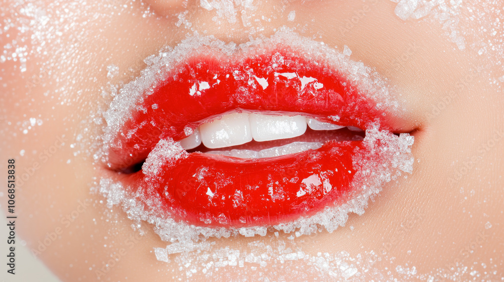Woman's lips covered with sugar crystals close-up Woman's lips covered with sugar crystals close-up