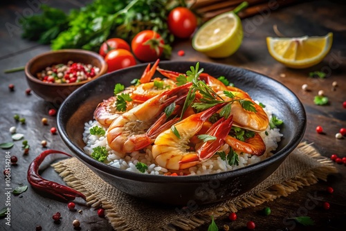 Night Photography of a Bowl of Shrimp and Rice Garnished with Fresh Herbs and Spices, Seafood Dish, Delicious Rice Bowl, Gourmet Shrimp Recipe, Culinary Delight, Elegant Presentation