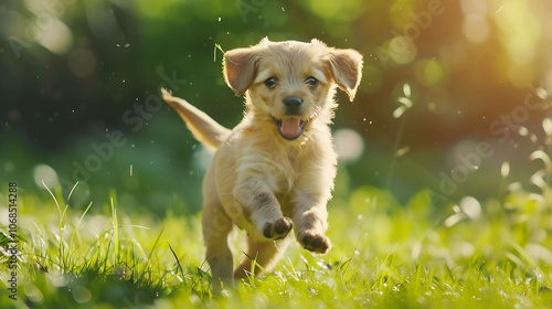 Cute little puppy running on green grass field towards the camera with a happy expression on its face. photo