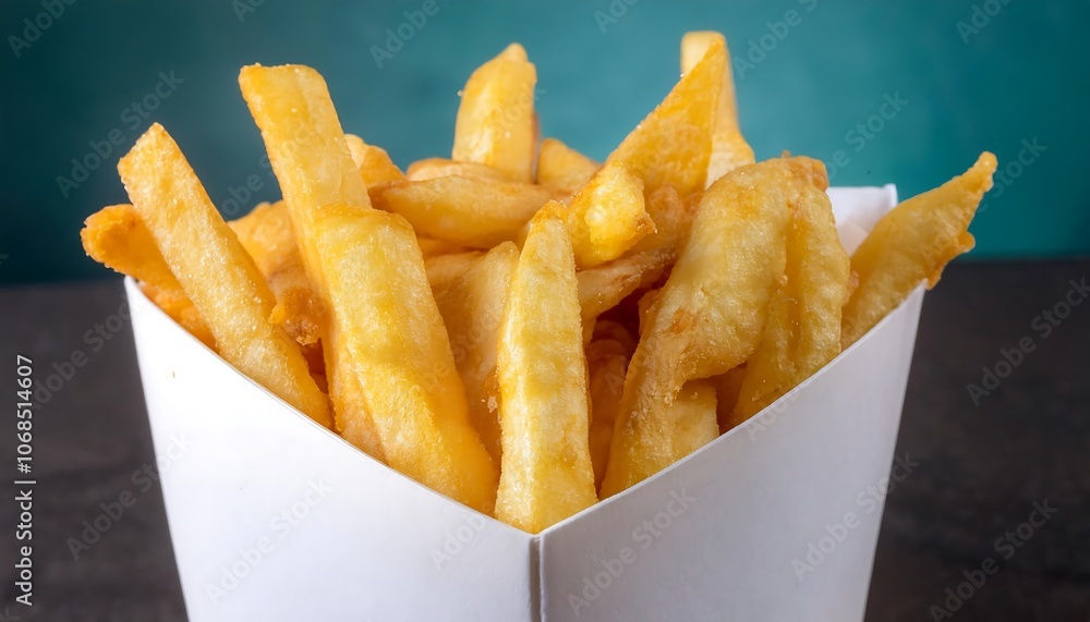 a white paper box filled with golden brown French fries a white paper box filled with golden brown French fries