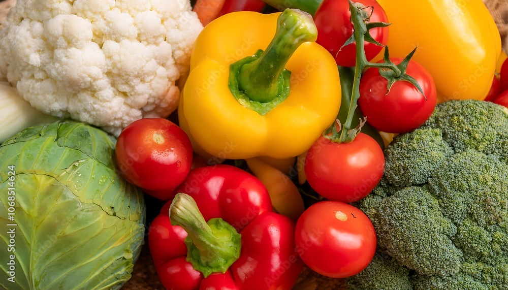 A variety of fresh vegetables such as red and yellow bell peppers green zucchini cauliflower broccoli florets cabbage cherry tomatoes and white onions A variety of fresh vegetables such as red and yellow bell peppers green zucchini cauliflower broccoli florets cabbage cherry tomatoes and white onions