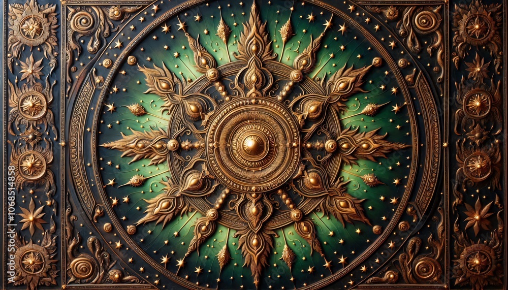 Antique brass clock face with ornate mandala pattern, reminiscent of church architecture and vintage Italian design Antique brass clock face with ornate mandala pattern, reminiscent of church architecture and vintage Italian design