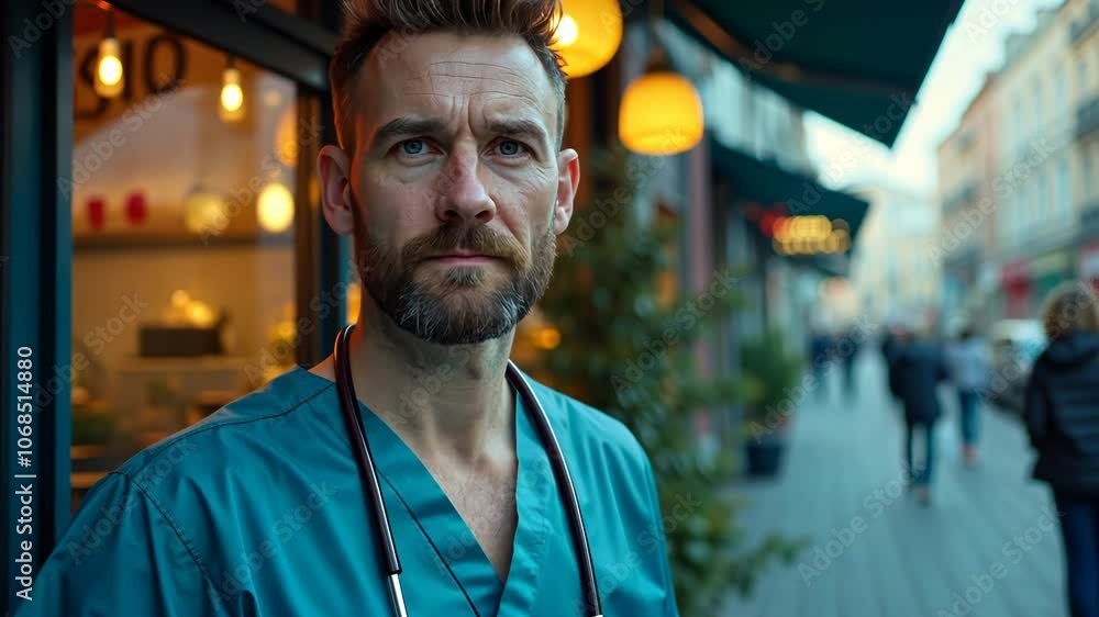Male healthcare professional in scrubs standing on city street, serious expression, concept of medical dedication, urban healthcare, and frontline worker resilience Male healthcare professional in scrubs standing on city street, serious expression, concept of medical dedication, urban healthcare, and frontline worker resilience