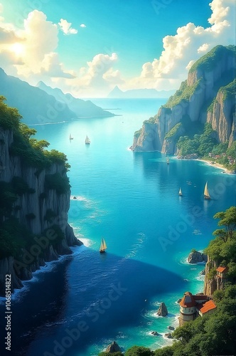 Beautiful coastal landscape with cliffs and sailboats.