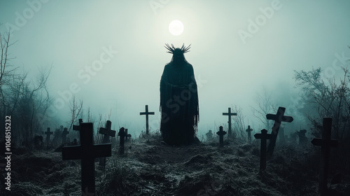 Evil sorcerer on old abandoned graveyard photo