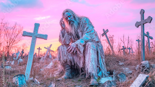 Evil wizard on old abandoned graveyard photo