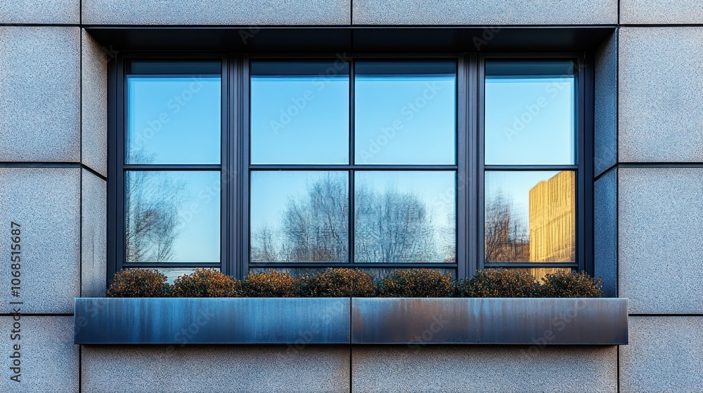 Fototapeta premium A large rectangular window with metal accents and frosted glass, shown on a clean white background.