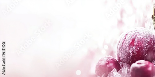 A close-up of frozen berries on ice with a soft pink background.