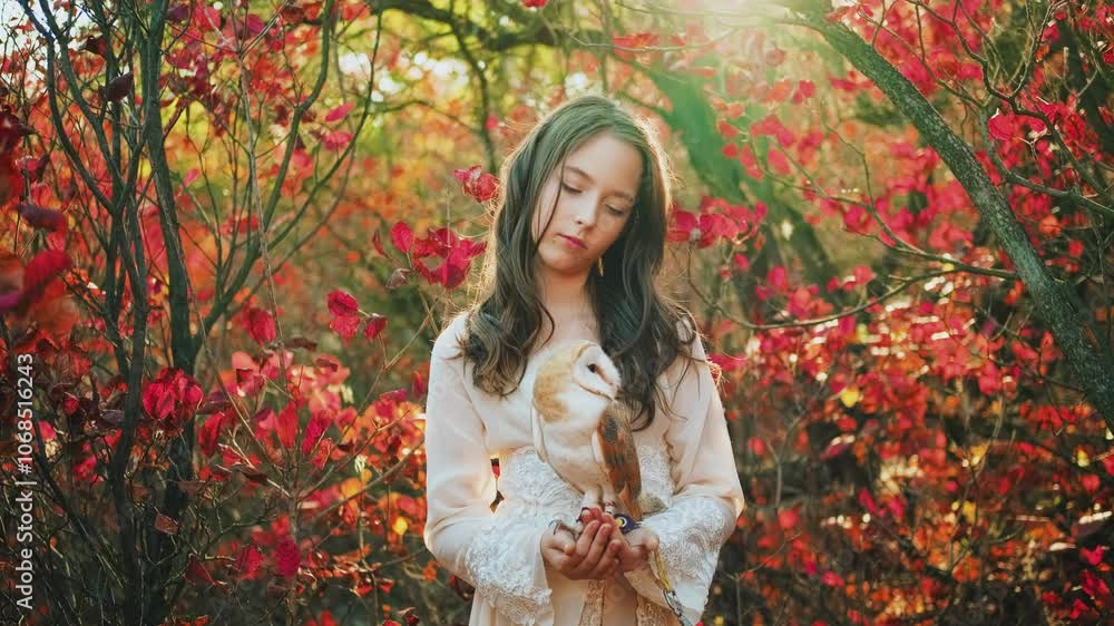 Fantasy elf girl princess teenager holding white bird barn owl in hands. Happy pretty face magical divine sun light shine rays flare. Autumn nature forest trees red leaves. vintage dress fairy tale. Fantasy elf girl princess teenager holding white bird barn owl in hands. Happy pretty face magical divine sun light shine rays flare. Autumn nature forest trees red leaves. vintage dress fairy tale.