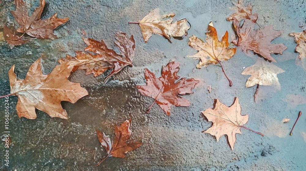 Fallen leaves on a rainy sidewalk, capturing the quiet beauty of a November rain Fallen leaves on a rainy sidewalk, capturing the quiet beauty of a November rain