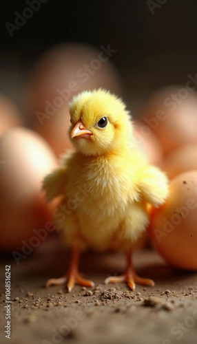 Close-up of a yellow chick just hatched, nestled in a shattered eggshell. Several whole unhatched eggs are arranged nearby.