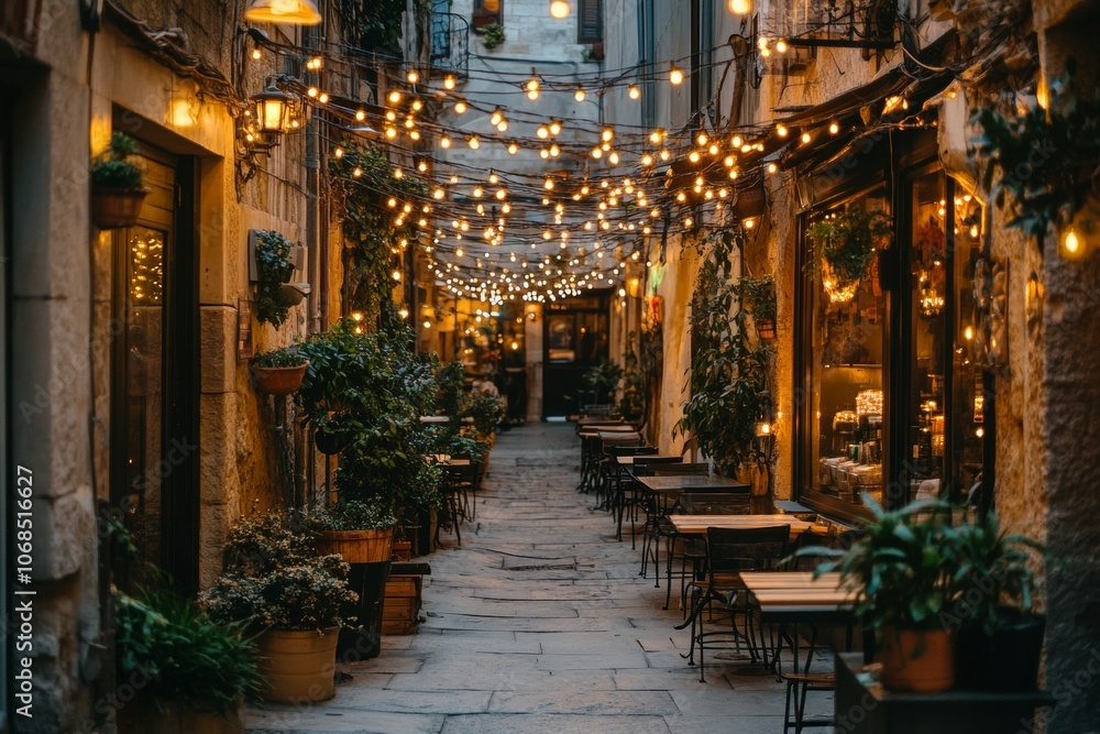 Fototapeta premium Charming Evening Stroll: A Enchanting Alleyway Adorned with Twinkling Lights and Lush Greenery, Perfect for Romantic Dining Experiences
