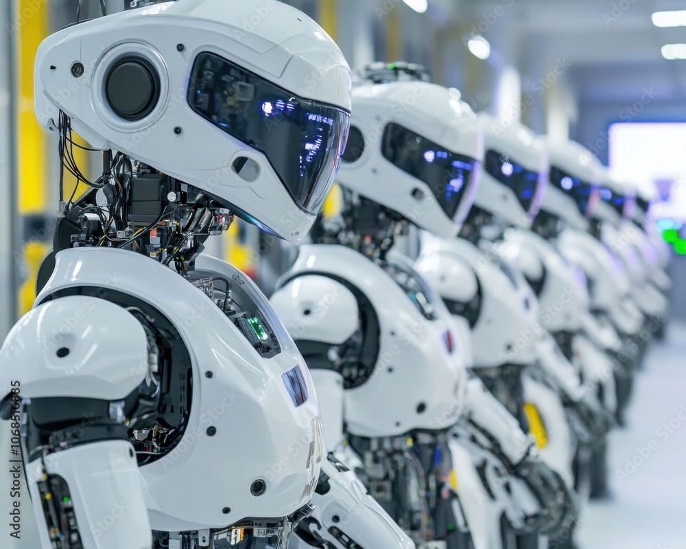 Row of robots lined up, showcasing futuristic technology and artificial intelligence in sci-fi style Row of robots lined up, showcasing futuristic technology and artificial intelligence in sci-fi style