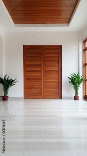 Elegant minimalist lobby featuring warm wooden decor and stylish furnishings for a serene atmosphere.