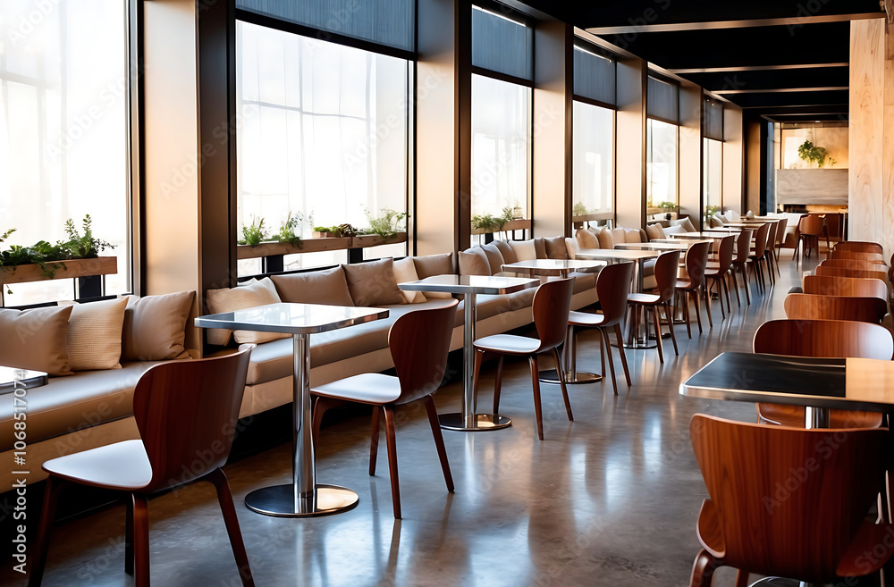 Obraz premium Modern open-plan office with large windows and city view.