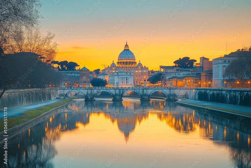 Obraz premium Captivating Sunset Over the Tiber: A Stunning View of St. Peter's Basilica and Reflections of the Eternal City