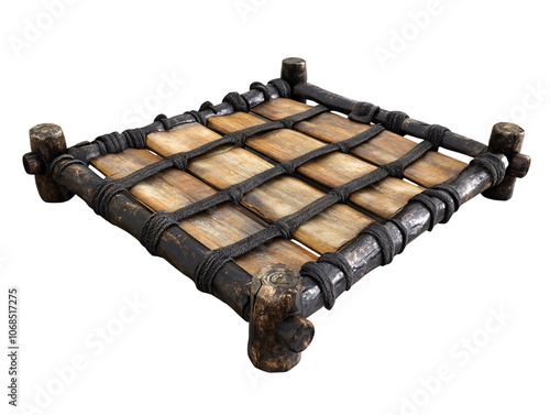 a wooden square object with black ropes