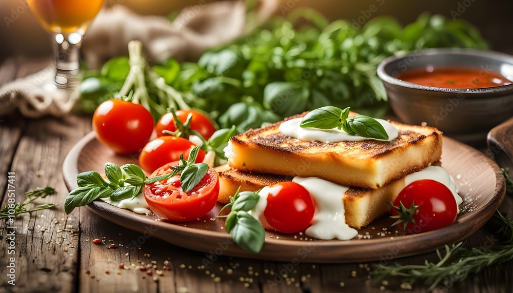 Mozzarella Carrozza with fresh italian herbs and cherry tomato sauce Mozzarella Carrozza with fresh italian herbs and cherry tomato sauce
