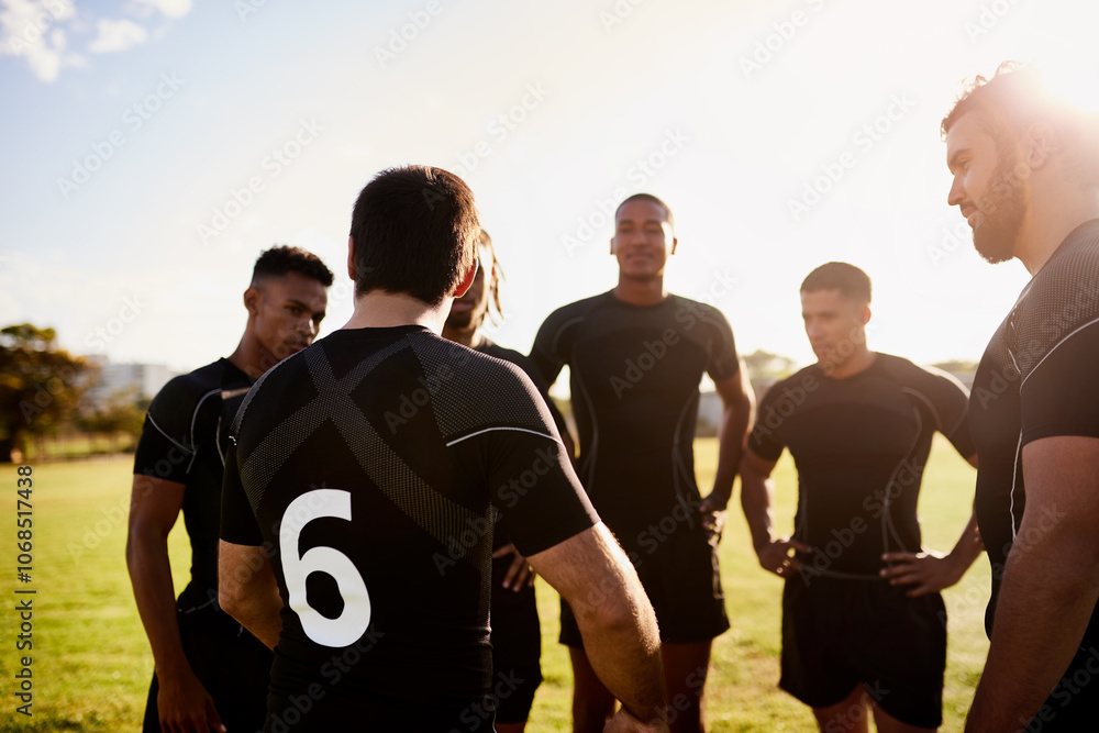 Fototapeta premium Rugby, team and workout together for exercise discussion, motivation and game field for match preparation. Sports, fitness and group of men outdoor with competition planning, club and practice