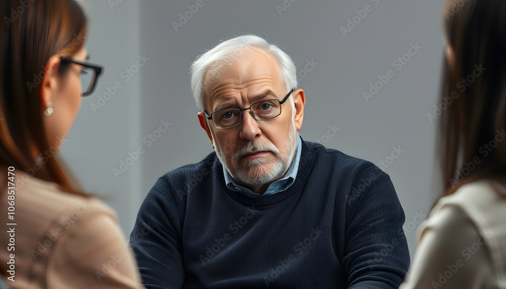 A portrait of senior depressed man during group therapy isolated with white highlights, png A portrait of senior depressed man during group therapy isolated with white highlights, png