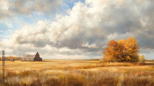 Golden field with a distant barn under a cloudy November sky, representing rustic fall beauty