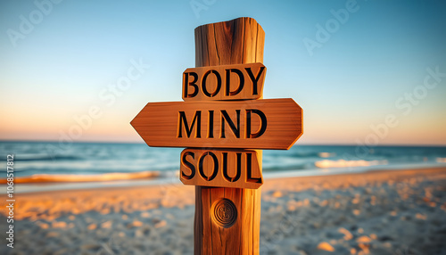 body mind soul text quote engraved on wooden signpost outdoors on the beach with sunset theme isolated with white highlights, png