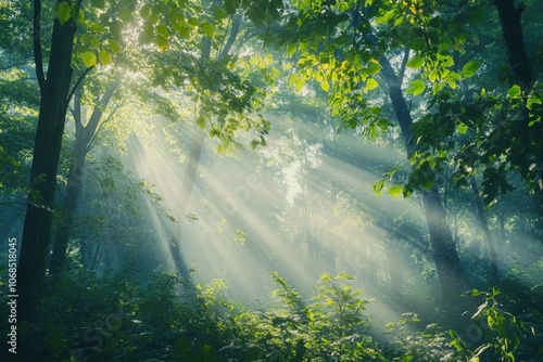 The bright sun is shining beautifully through the tall trees in the forest