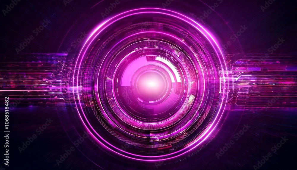 Technology sphere with pink core radiating light and energy on dark background with light stripes. Technology sphere with pink core radiating light and energy on dark background with light stripes.