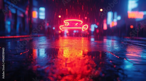 Neon Lights in Rainy City at Night