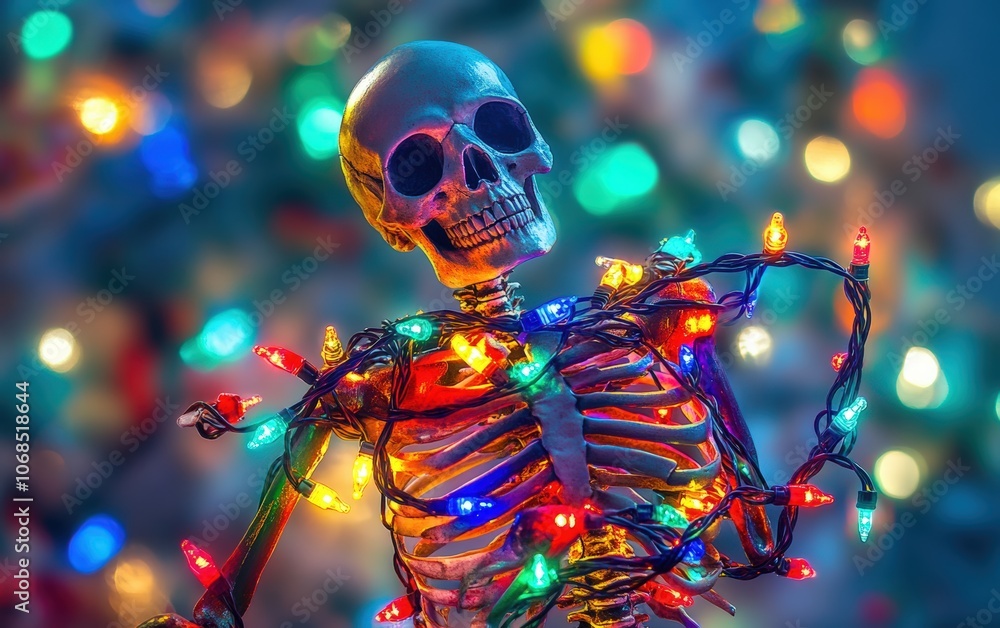 Skeleton Wrapped in Christmas Lights A humorous skeleton tangled in colorful Christmas lights on a festive background Skeleton Wrapped in Christmas Lights A humorous skeleton tangled in colorful Christmas lights on a festive background