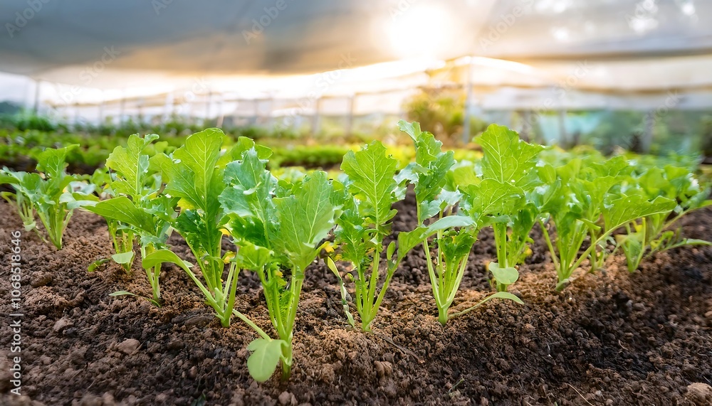 The image shows young green plants growing in rows in a greenhouse with sunlight filtering through the roof. The image shows young green plants growing in rows in a greenhouse with sunlight filtering through the roof.