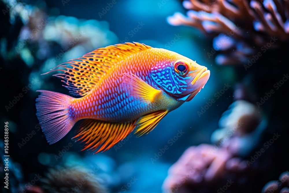Vibrant Diversity Under the Sea: A Colorful Fish Swimming Gracefully Amidst Lush Corals in a Captivating Marine Habitat Vibrant Diversity Under the Sea: A Colorful Fish Swimming Gracefully Amidst Lush Corals in a Captivating Marine Habitat