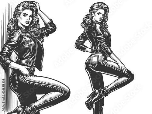 pin-up woman in leather jacket and leather pants, confident poses, fashion sketch engraving generative ai fictional character vector illustration. Scratch board imitation. Black and white image.