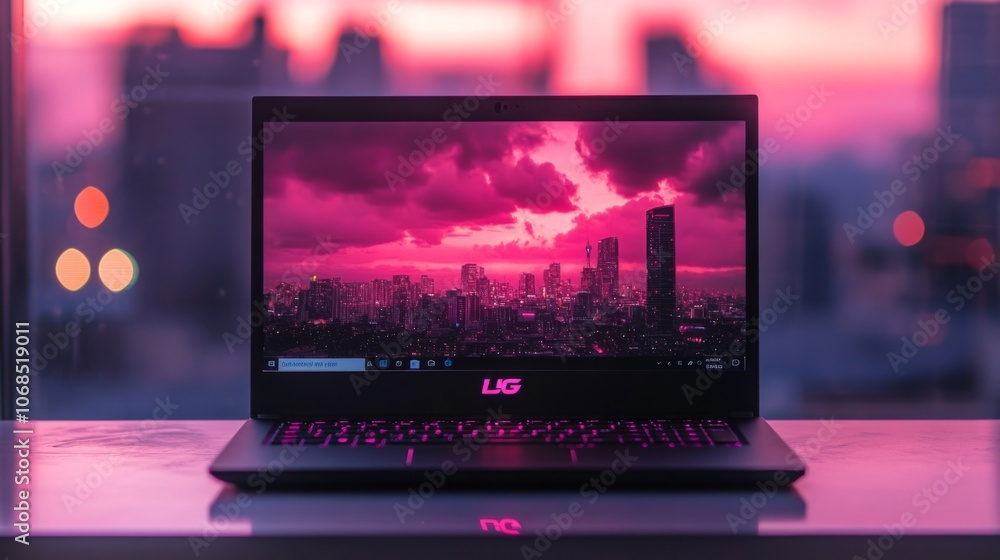 Laptop Displaying Urban Sunset Laptop Displaying Urban Sunset