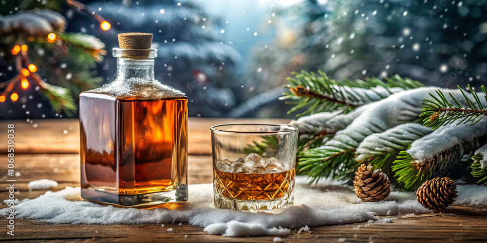 Winter Bourbon Bottle with Glass on Snowy Wooden Table Winter Bourbon Bottle with Glass on Snowy Wooden Table