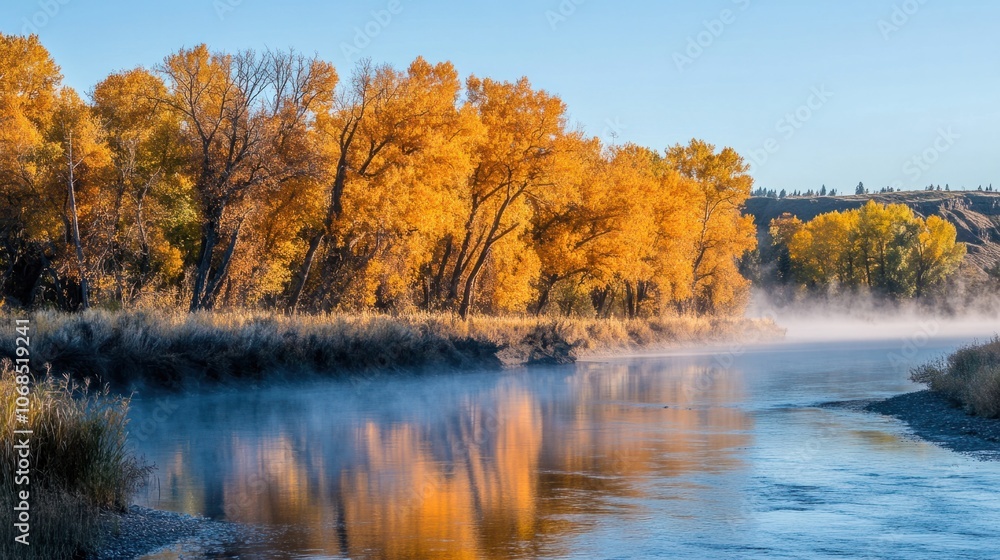 November morning mist over a river with trees, capturing the calm and serenity of fall November morning mist over a river with trees, capturing the calm and serenity of fall
