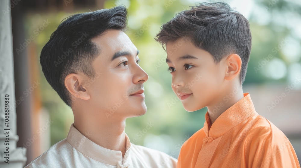 A Father's Love: A Thai Father and Son Share a Heartfelt Moment.Concept of family bonding, cultural heritage, intergenerational connection, Father's Day, Thai culture. A Father's Love: A Thai Father and Son Share a Heartfelt Moment.Concept of family bonding, cultural heritage, intergenerational connection, Father's Day, Thai culture.
