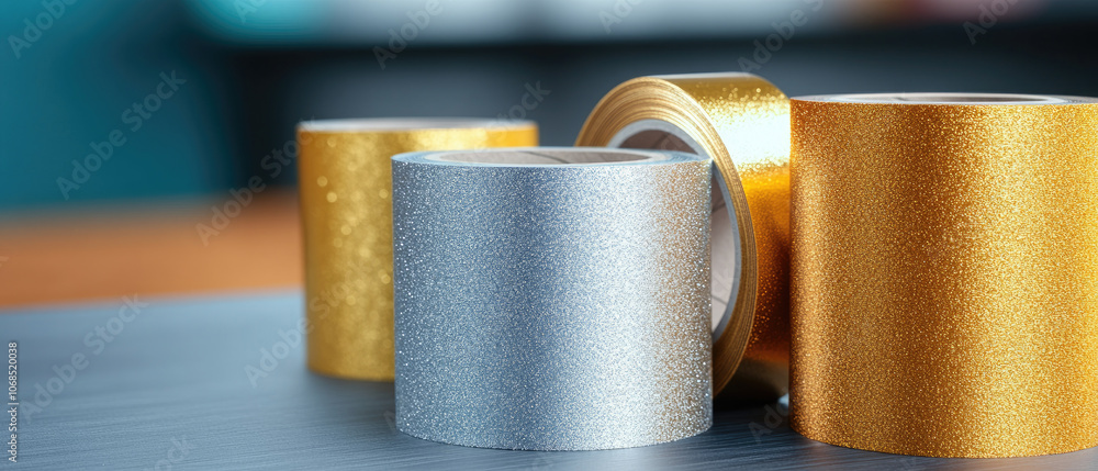 Naklejka premium Glittering washi tape display, three rolls in silver and gold, vibrant colors on a smooth tabletop, perfect for crafting and decoration.