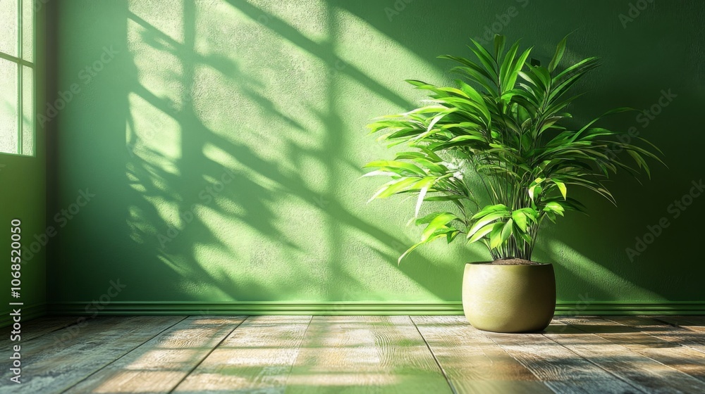 Green Serenity: Sunlit Potted Plant in Minimalist Room Green Serenity: Sunlit Potted Plant in Minimalist Room