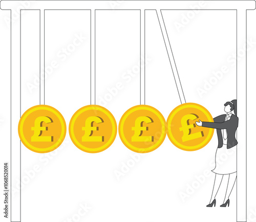 Businesswoman using a British Pound Currency to hit the other pendulum group. Finance new idea or investment impact concept
