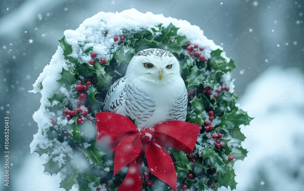 Obraz premium Snowy Owl in Wreath White owl sitting in a decorated holiday wreath with holly, berries, and a red bow, set against a snowy background for festive mockups 