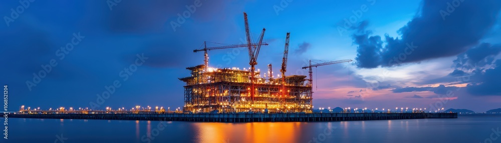 Dynamic skyline transformation: Massive construction project featuring cranes and steel structures in progress.