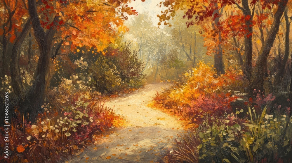 Pathway through an autumnal forest with bright November colors, representing nature beauty Pathway through an autumnal forest with bright November colors, representing nature beauty