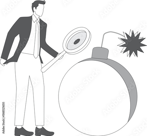 Businessman man, politician with a magnifying glass and a bomb with no fear
