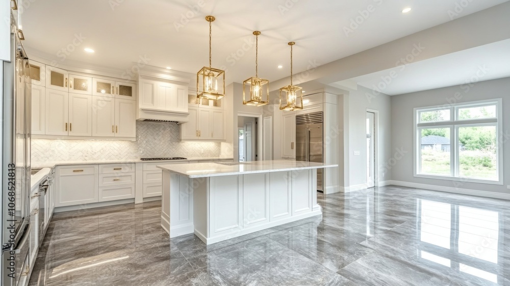 Modern Kitchen with White Cabinets, Gold Light Fixtures, and Marble Tile Floors Modern Kitchen with White Cabinets, Gold Light Fixtures, and Marble Tile Floors