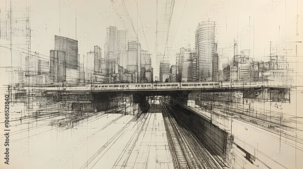 Futuristic Urban Sketch of Cityscape with Train Futuristic Urban Sketch of Cityscape with Train