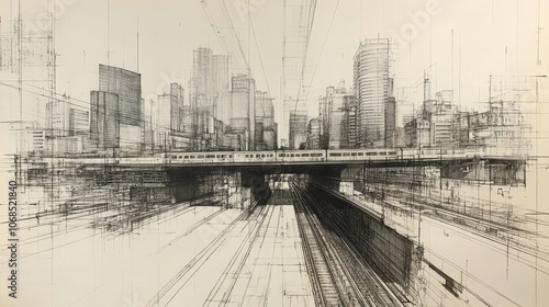 Futuristic Urban Sketch of Cityscape with Train