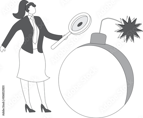 Businesswoman man, politician with a magnifying glass and a bomb with no fear